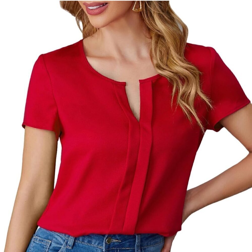 COZYEASE Women's Fold Pleated Notch V Neck Blouses Casual Short Sleeve Shirt Top